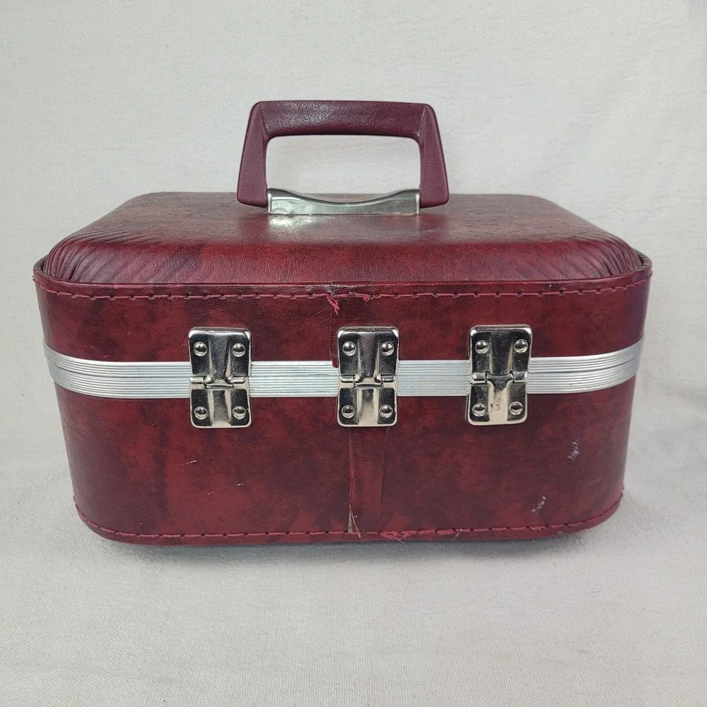 Vintage Burgundy Faux Leather Train Case Vanity Makeup Box Mid Century Travel